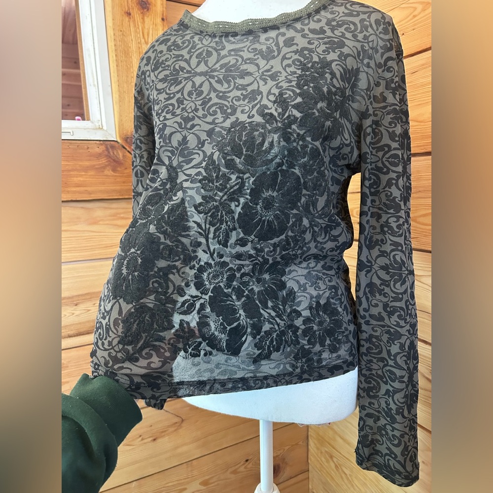 Vintage Burned Out Velvet Sheer Black Grey Long Sleeve Top Y2K Retro Womens Smal - Picture 3 of 8